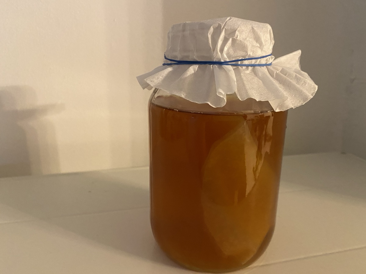 布と輪ゴムで蓋をしたガラス瓶で発酵させる様子｜SCOBYによる発酵の仕組みのイメージ